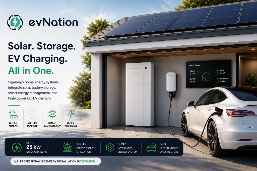 Sigenergy home energy system with solar, SigenStor battery storage, and DC EV charging installed by EVnation